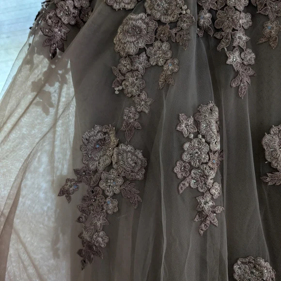 NWT La Femme Short Sleeve Tulle Ball Gown Size 12 Cocoa Lace Rhinestones - Picture 5 of 8